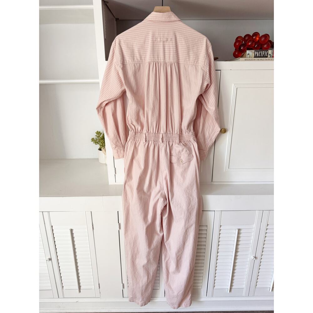 Vintage 80s Liz Sport 100% Cotton Light Pink Striped Coverall Jumpsuit Size M - Picture 3 of 6